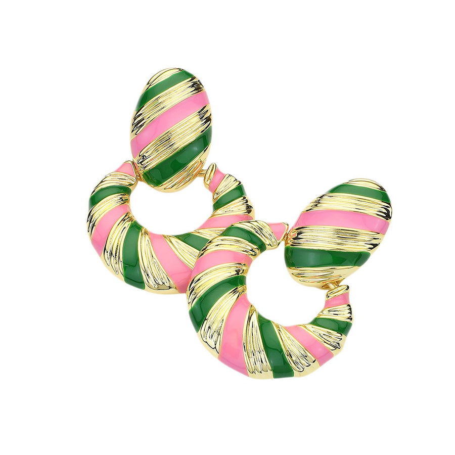 Pink Green Enamel Stripe Drop Earrings