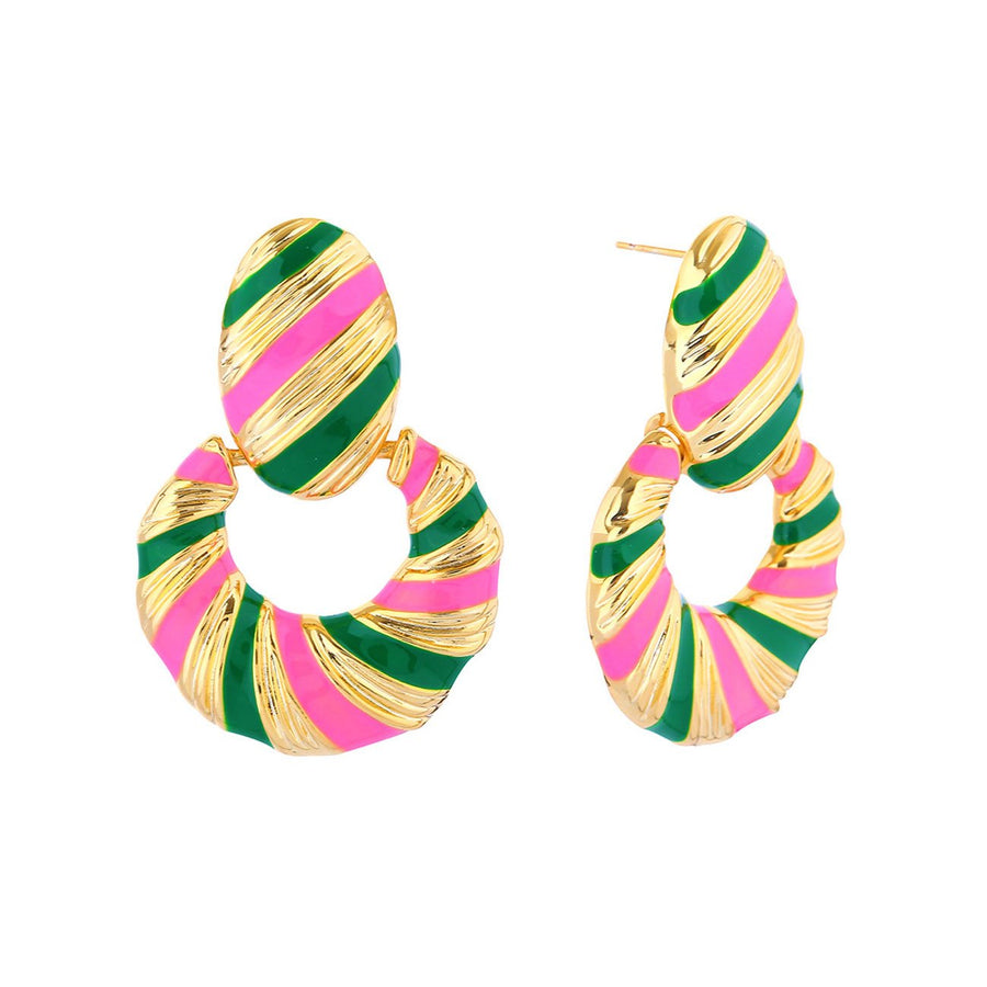 Pink Green Enamel Stripe Drop Earrings