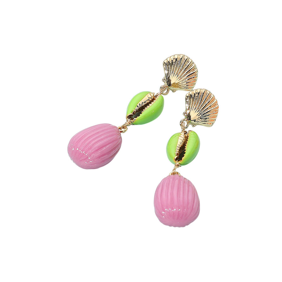Enamel Pink Puka Shell Seashell Link Earrings