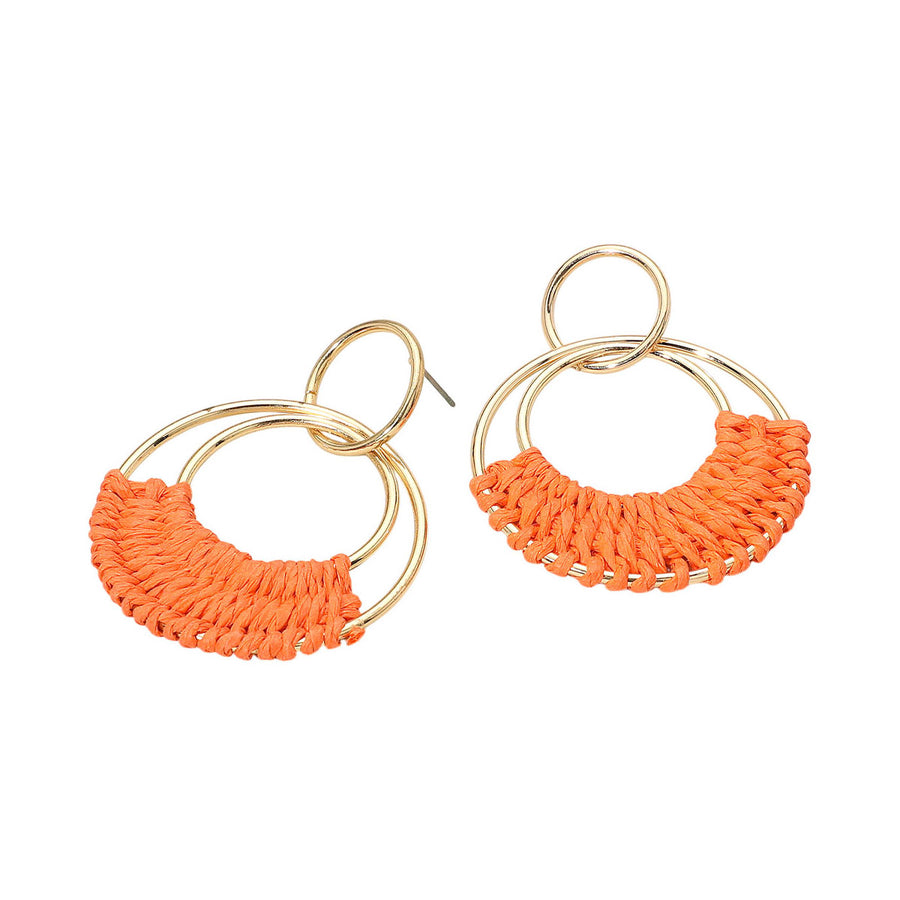 Fuchsia Raffia Wrapped Ring Dangle Earrings