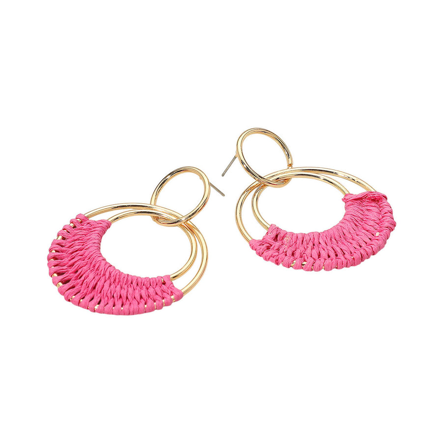Fuchsia Raffia Wrapped Ring Dangle Earrings