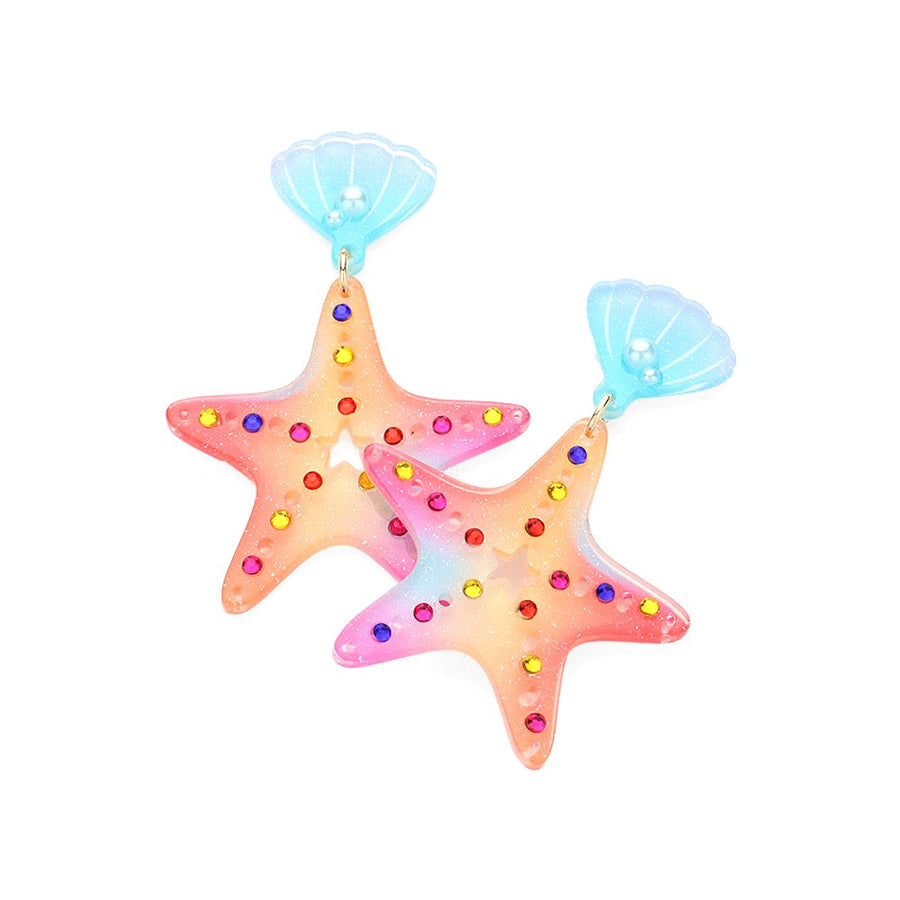 Whimsical Multi Color Resin Seashell Starfish Dangle Earrings