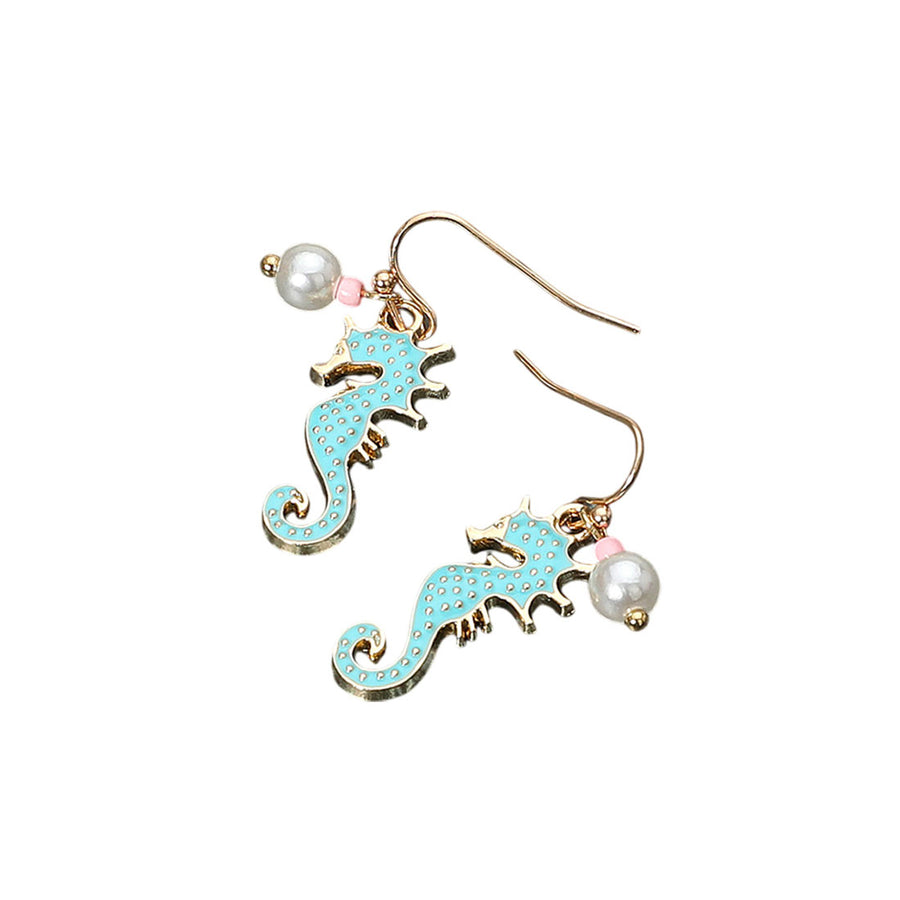 Blue Enamel Seahorse Pearl Dangle Earrings