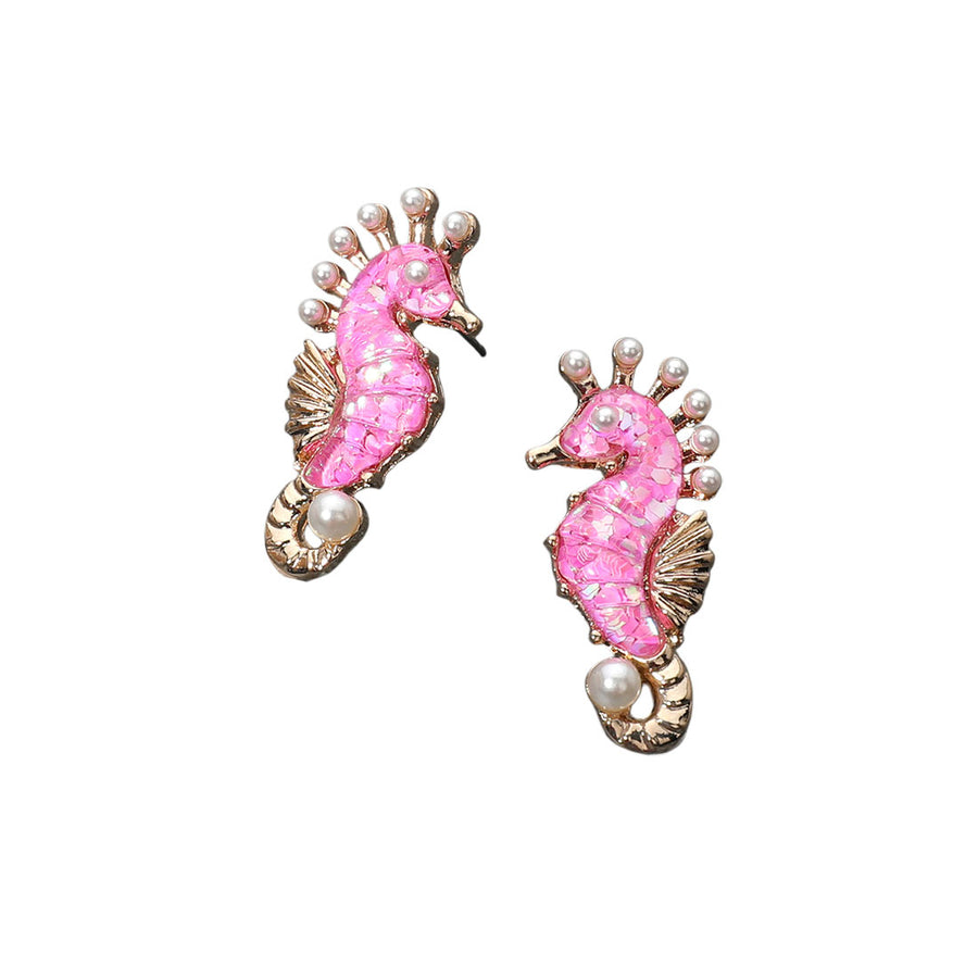 Pink Pearl Confetti Glittered Seahorse Dangle Earrings
