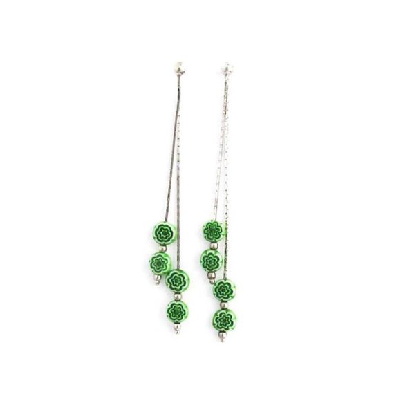 Pink Floral Drop Double Long Silver Dangle Earrings