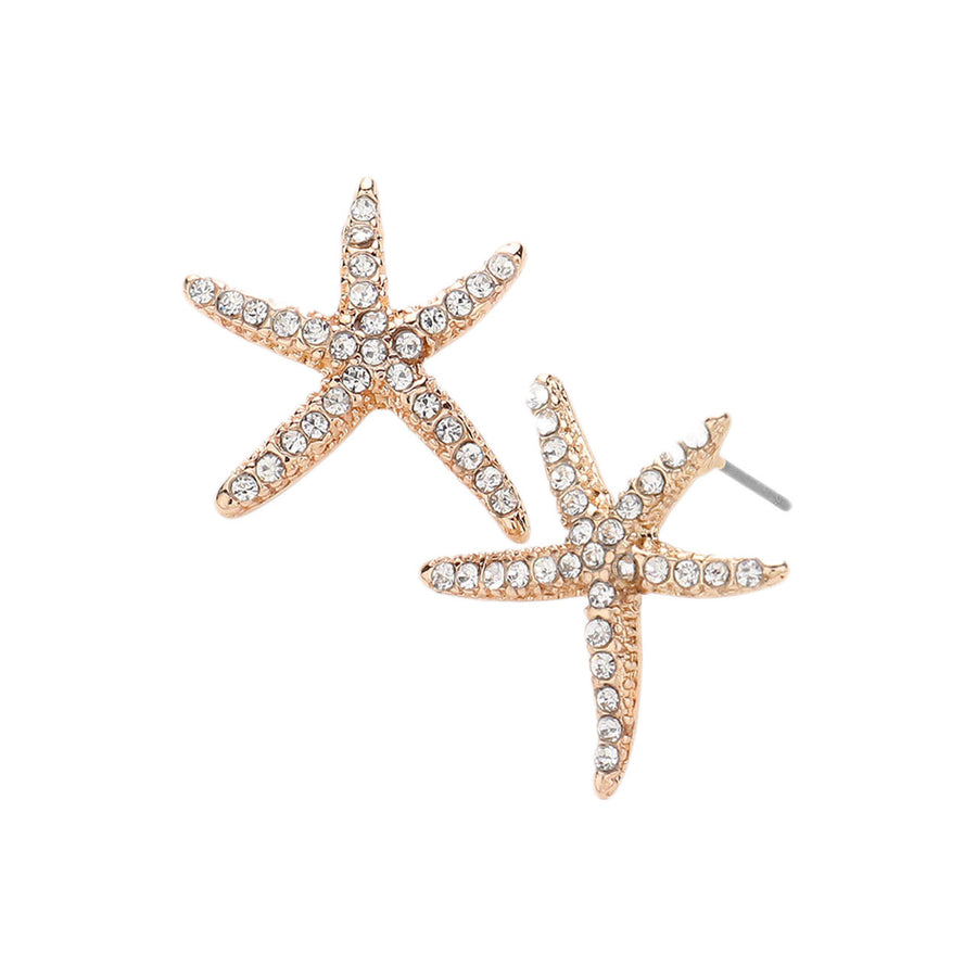 Clear Gold Starfish Paved Stone Stud Earrings