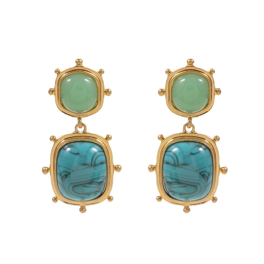 Turquoise Square Natural Stone Cluster Double Link Dangle Earrings