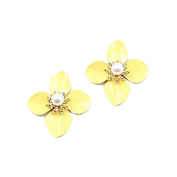 Yellow Floral Stud Pearly Earrings