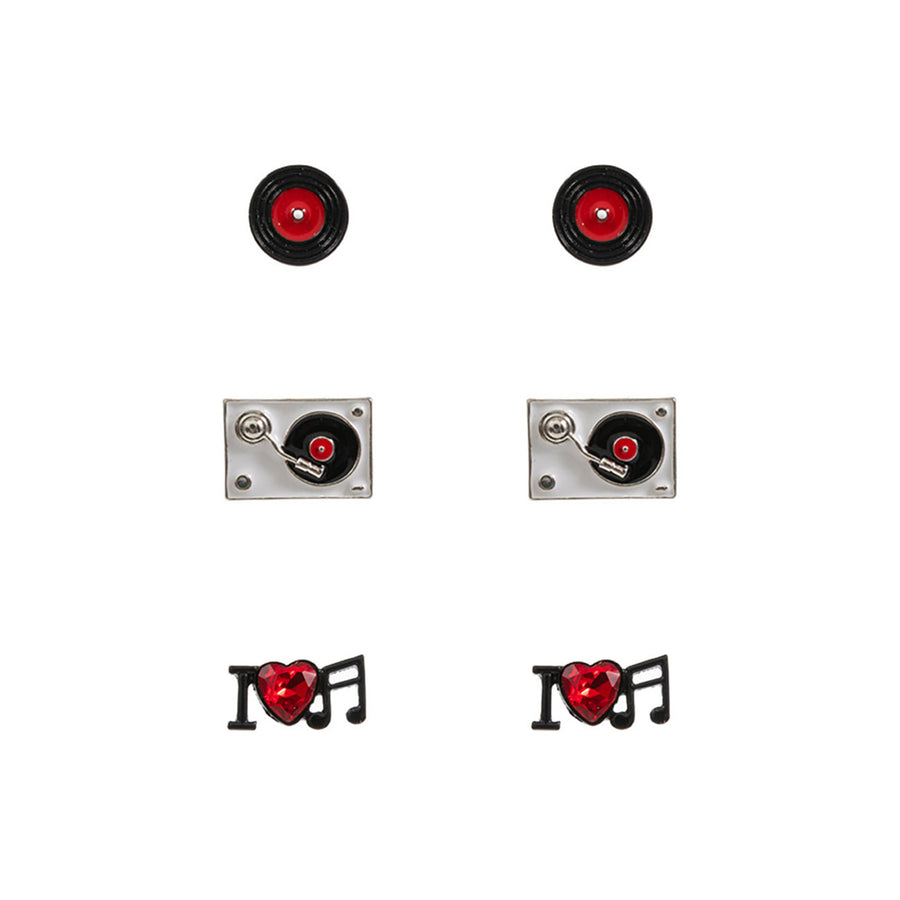 3 in 1 Enamel Turn Table Music Stud Earrings Set