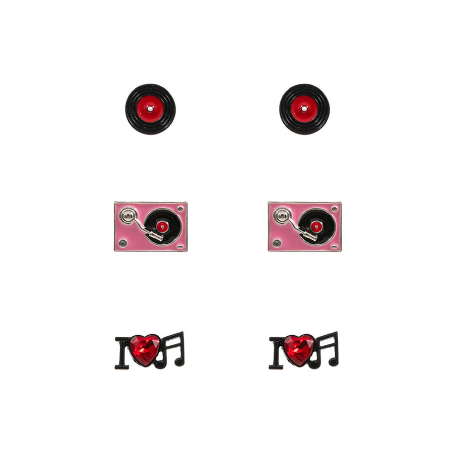 3 in 1 Enamel Turn Table Music Stud Earrings Set