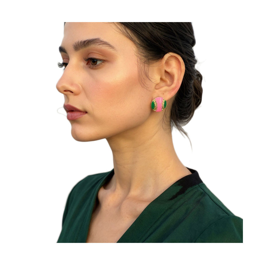 Pink Green Enamel Baseball Stud Earrings