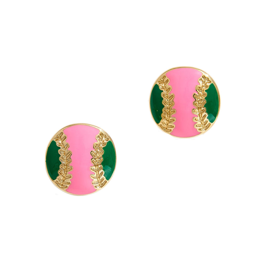 Pink Green Enamel Baseball Stud Earrings