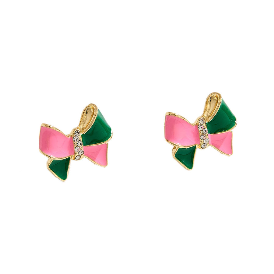 Pink Green Enamel Bow Stud Earrings