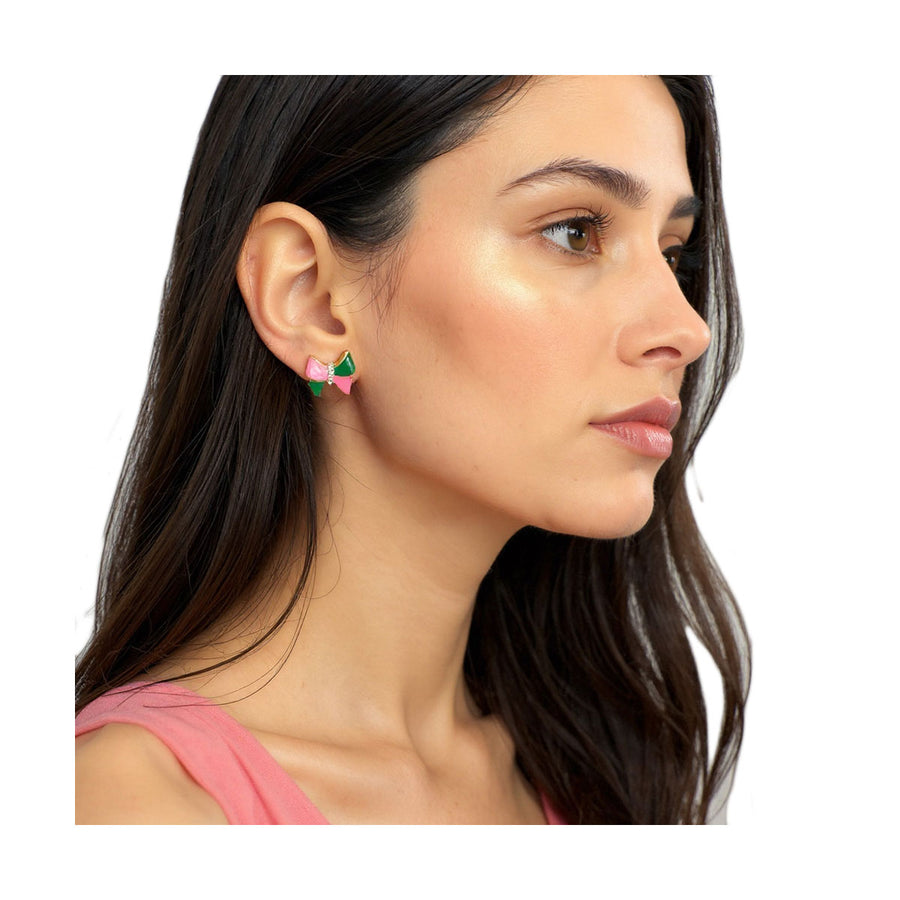 Pink Green Enamel Bow Stud Earrings