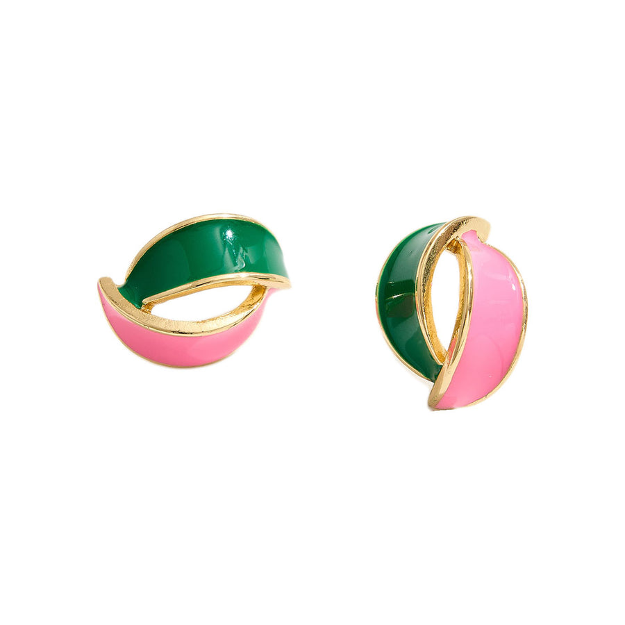 Pink Green Enamel Wave Stud Earrings