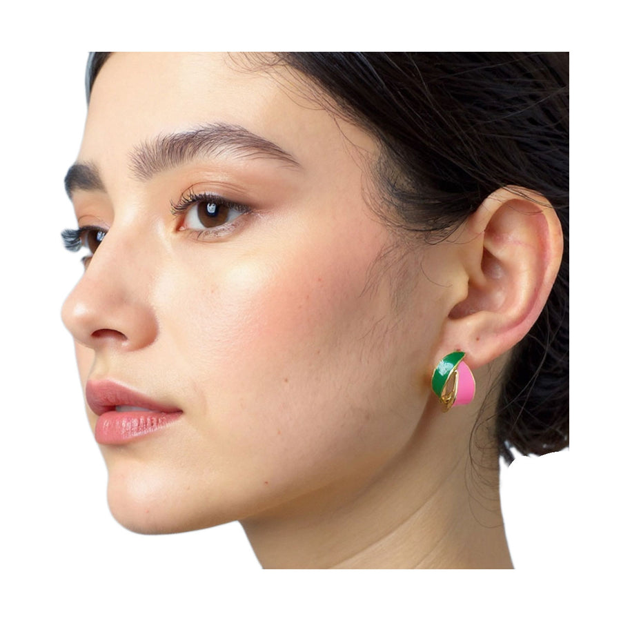 Pink Green Enamel Wave Stud Earrings