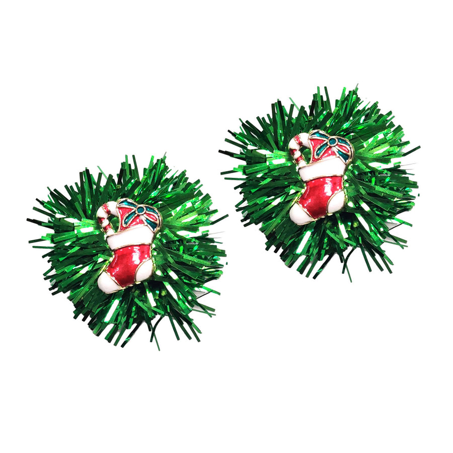 Green Candy Cane Stocking Tinsel Earrings