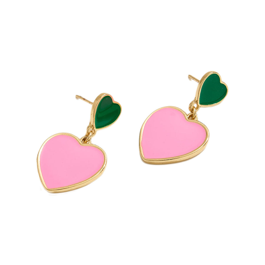 Pink Green Enamel Heart Dangle Earrings