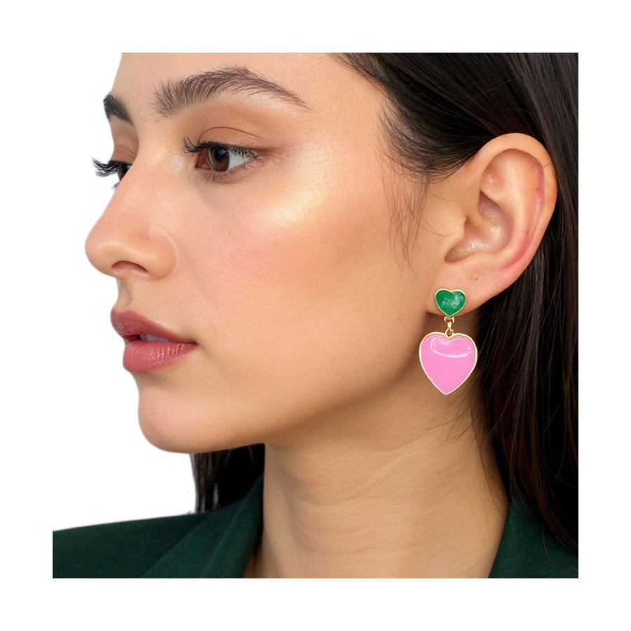 Pink Green Enamel Heart Dangle Earrings