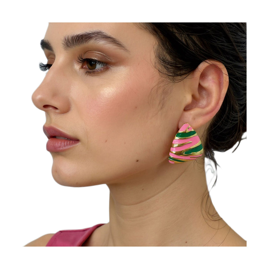 Pink Green Enamel Abstract Pattern Triangle Earrings