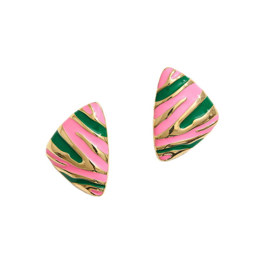 Pink Green Enamel Abstract Pattern Triangle Earrings