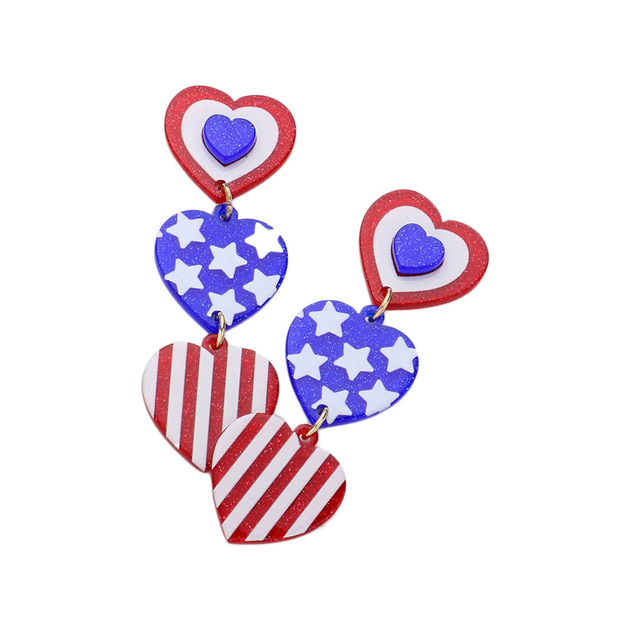 Glittering Resin American USA Flag Triple Heart Dangle Earrings