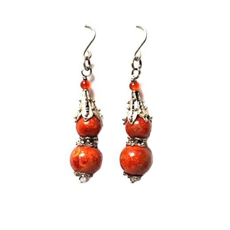 Double Red Coral Dangle Earrings