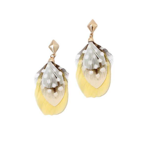 Yellow White Drop Feather Earrings