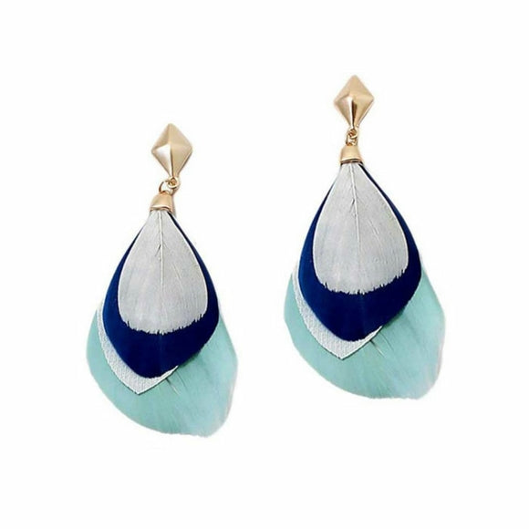 Blue White Drop Feather Earrings