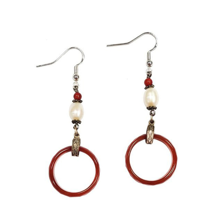 Exotic Tibetan Carnelian Hoop Pearl Sterling Silver Dangle Earrings