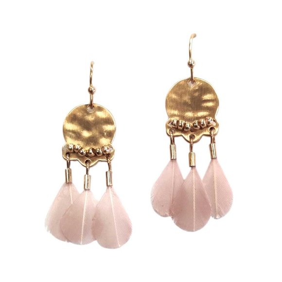 Delicate Pink Triple Feather Gold Disk Dangle Earrings