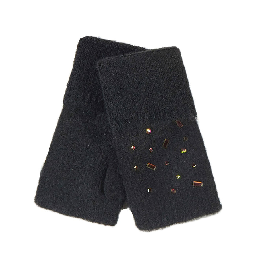 Bling Stone Embellished Brown Knit Fingerless Gloves
