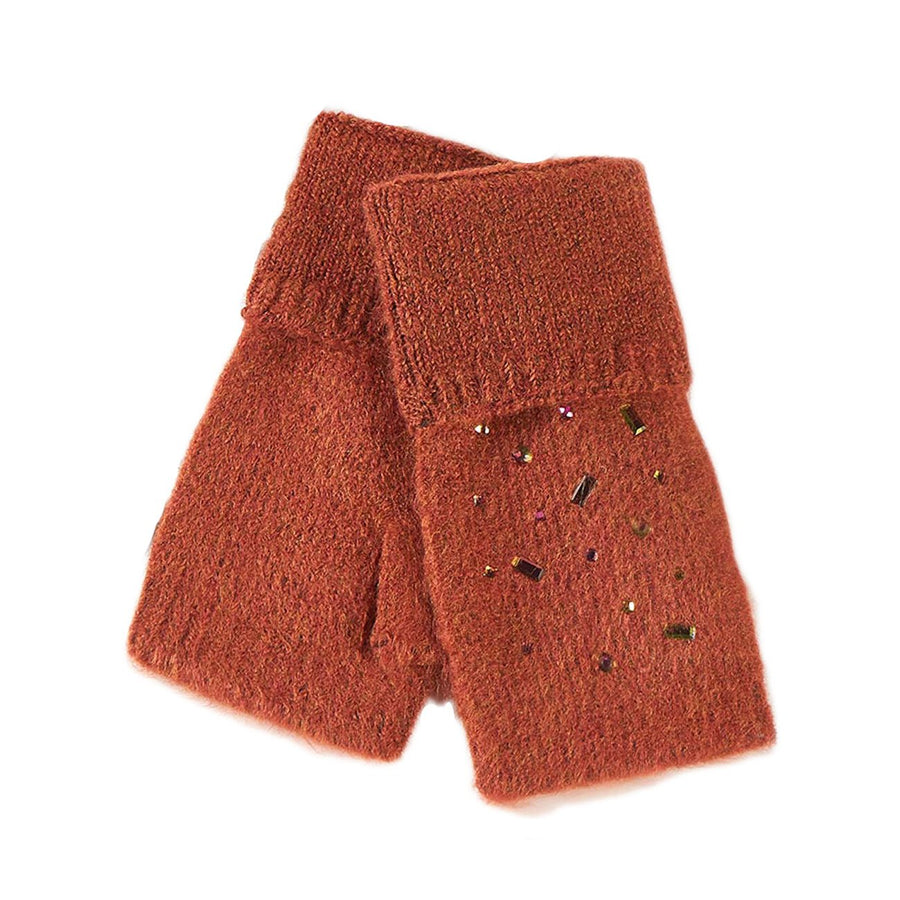 Bling Stone Embellished Brown Knit Fingerless Gloves