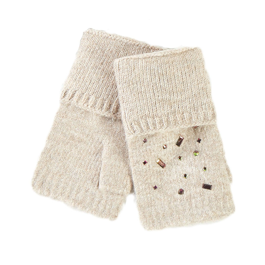 Bling Stone Embellished Brown Knit Fingerless Gloves