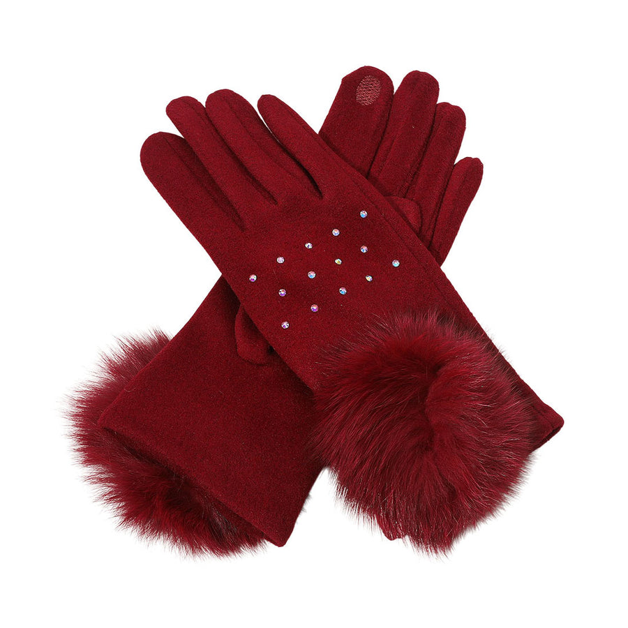 Burgundy Faux Fur Cuff Pom Gloves
