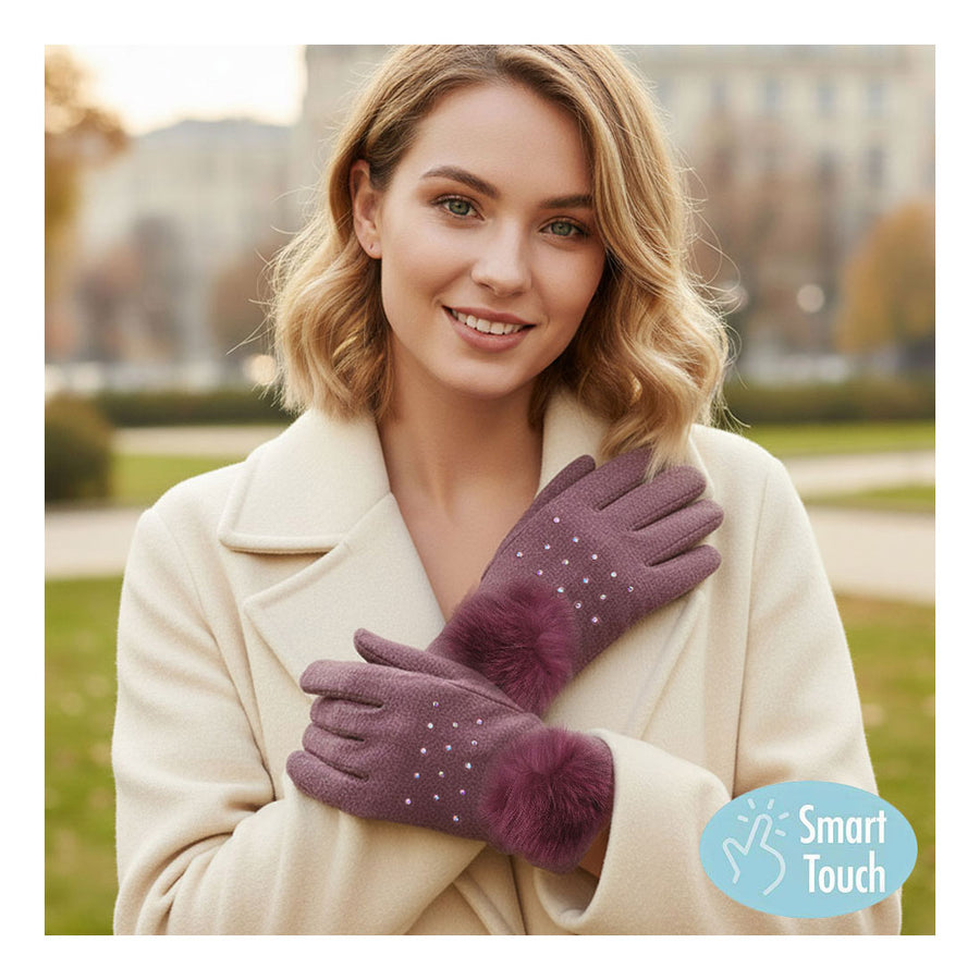 Burgundy Faux Fur Cuff Pom Gloves