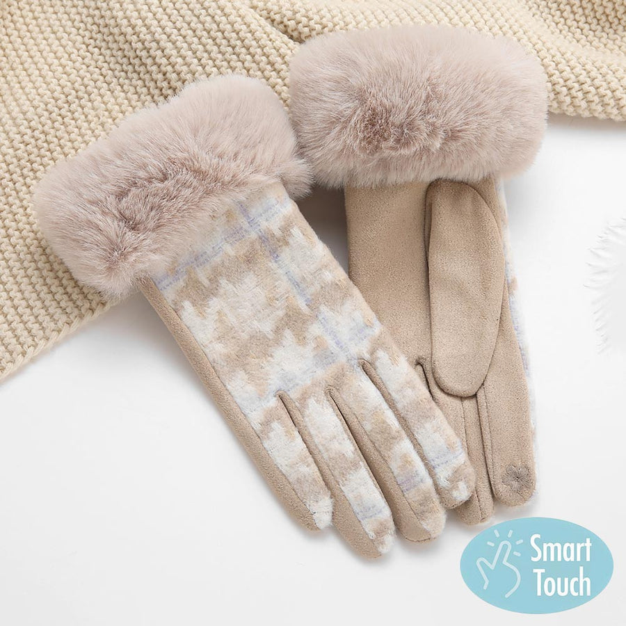 Green Houndtooth Faux Fur Smart Touch Gloves