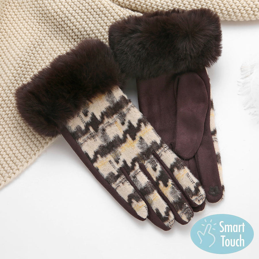 Green Houndtooth Faux Fur Smart Touch Gloves