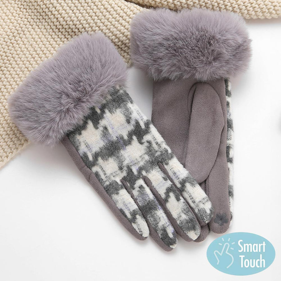 Green Houndtooth Faux Fur Smart Touch Gloves