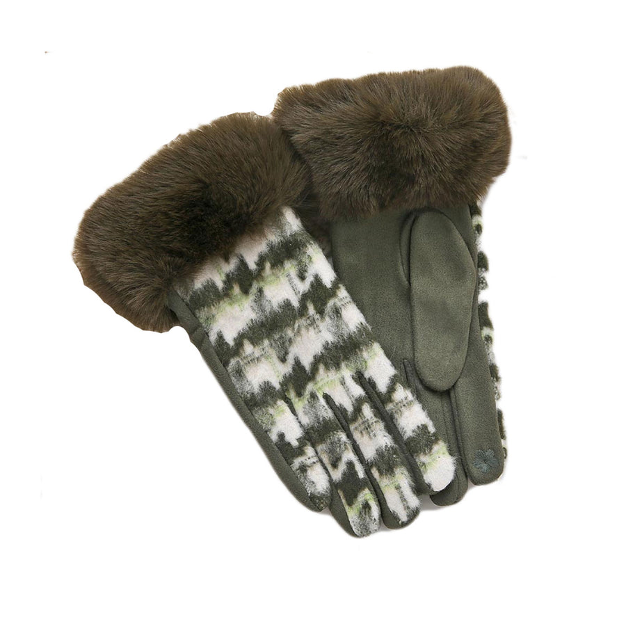 Green Houndtooth Faux Fur Smart Touch Gloves