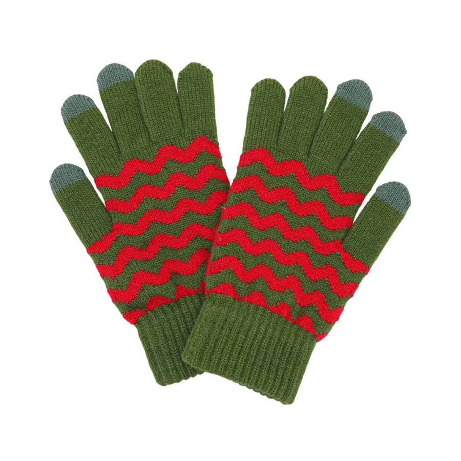Holiday Pink Green Chevron Pattern Winter Gloves