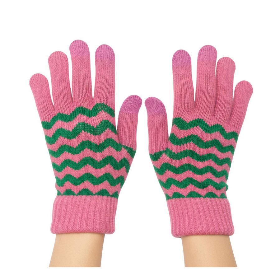 Holiday Pink Green Chevron Pattern Winter Gloves