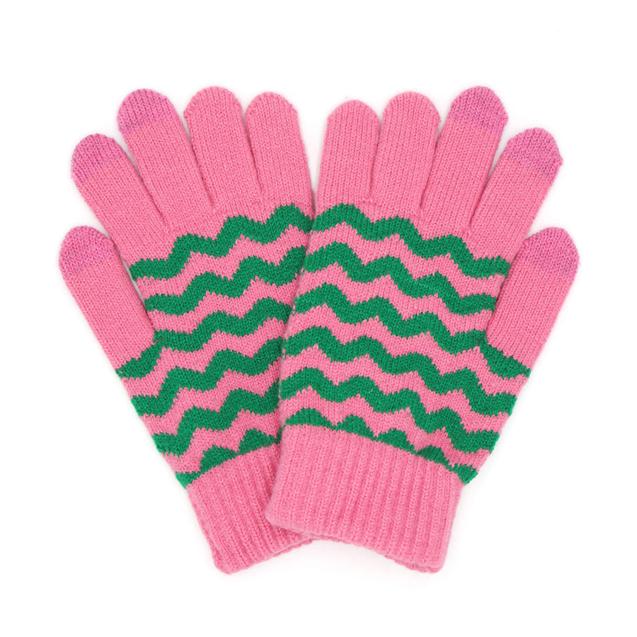 Holiday Pink Green Chevron Pattern Winter Gloves