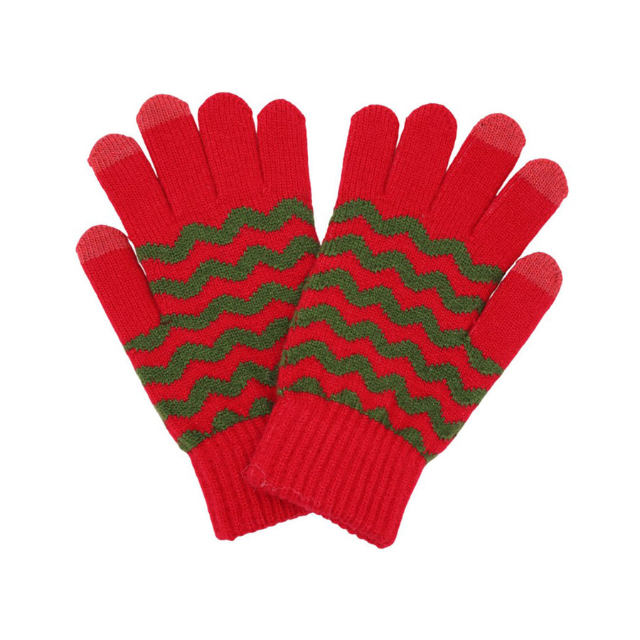 Holiday Pink Green Chevron Pattern Winter Gloves