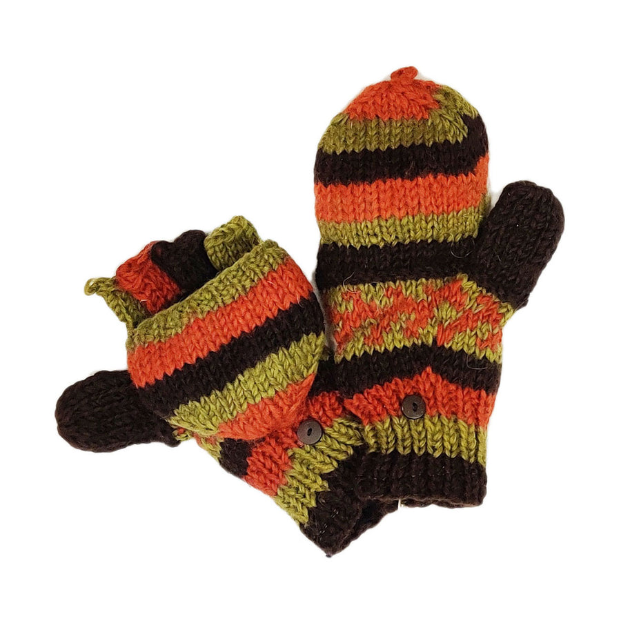 Nepal Hand Knit 100% Wool Multi Green Fingerless Flip Top Women Mitten Gloves
