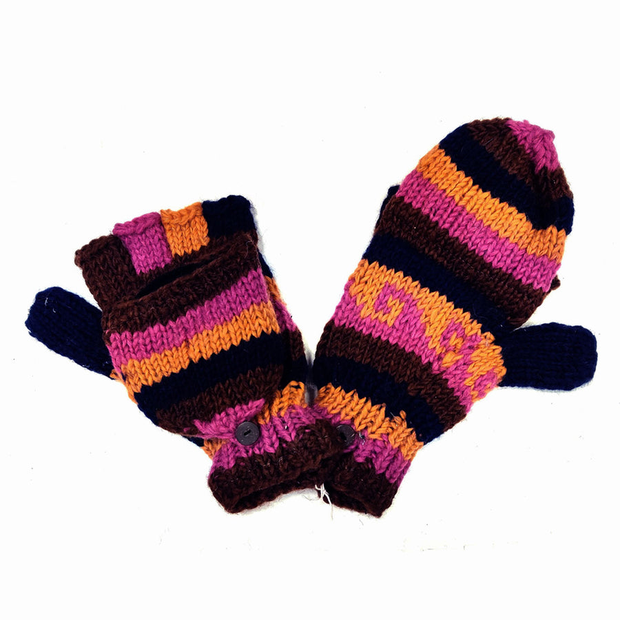 Nepal Hand Knit 100% Wool Multi Orange Fingerless Flip Top Women Mitten Gloves