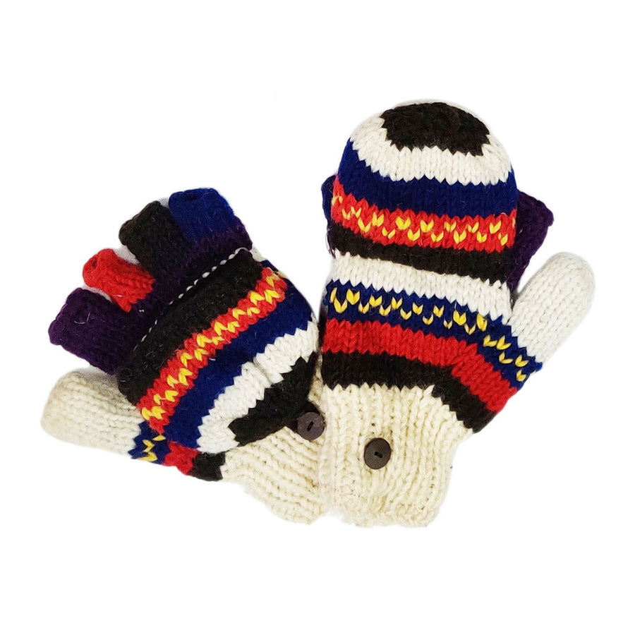 Nepal Hand Knit 100% Wool Multi White Fingerless Flip Top Women Mitten Gloves