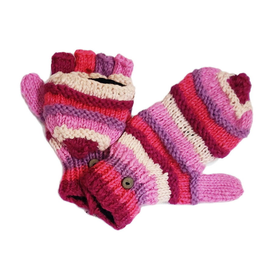 Nepal Hand Knit 100% Wool Multi Pink Fingerless Flip Top Women Mitten Gloves