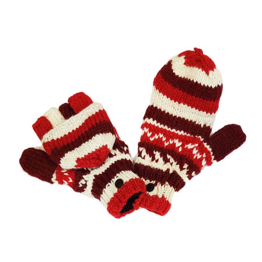 Nepal Hand Knit 100% Wool Multi Red Fingerless Flip Top Women Mitten Gloves