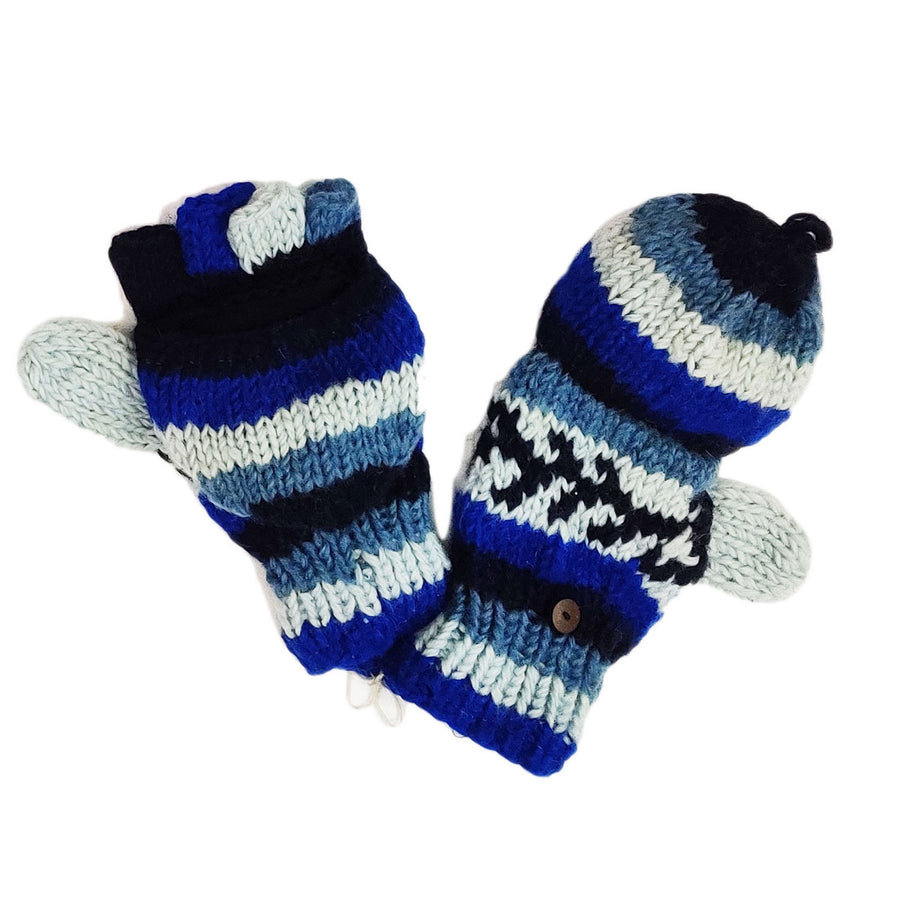 Nepal Hand Knit 100% Wool Multi Blue Fingerless Flip Top Women Mitten Gloves